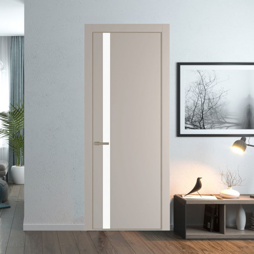 Межкомнатная дверь ProfilDoors 18 PA Санд с профилем Никель с стеклом  монохром белый просветленный