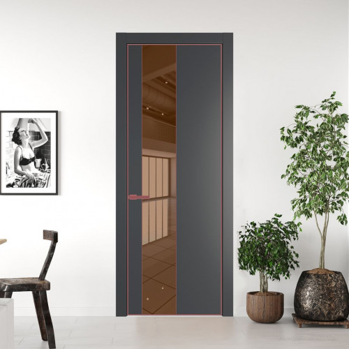 Межкомнатная дверь ProfilDoors 19 PA Графит с профилем Красный антрацит с стеклом  зеркало bronze