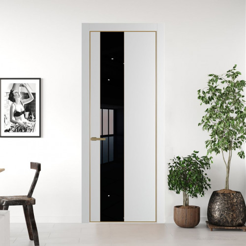 Межкомнатная дверь ProfilDoors 19 PA Крем вайт с профилем Золото с стеклом Lacobel Черный лак