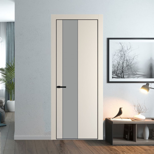 Межкомнатная дверь ProfilDoors 19 PA Кремовая Магнолия с профилем Черный с стеклом  монохром серый