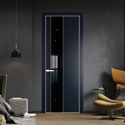 Межкомнатная дверь ProfilDoors 19 PA Нэви Блу с профилем Вайт с стеклом Lacobel Черный лак