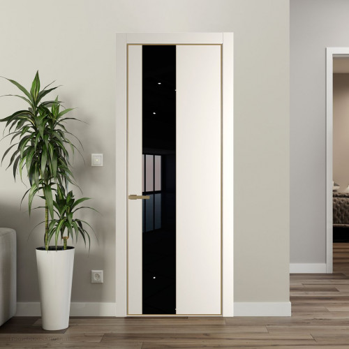 Межкомнатная дверь ProfilDoors 19 PA Перламутр белый с профилем Золото с стеклом Lacobel Черный лак