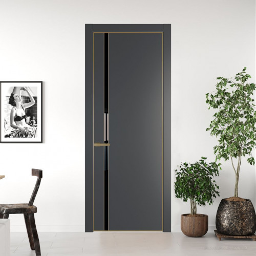 Межкомнатная дверь ProfilDoors 21 PA Графит с профилем Золото с стеклом Lacobel Черный лак