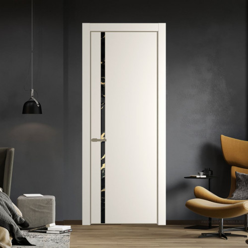 Межкомнатная дверь ProfilDoors 21 PA Перламутр белый с профилем Шампань с стеклом  нефи черный узор золото