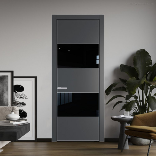 Межкомнатная дверь ProfilDoors 22 PA Графит с профилем Серебро с стеклом Lacobel Черный лак
