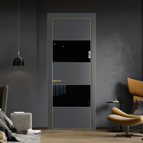 Межкомнатная дверь ProfilDoors 22 PA Графит с профилем Золото с стеклом Lacobel Черный лак