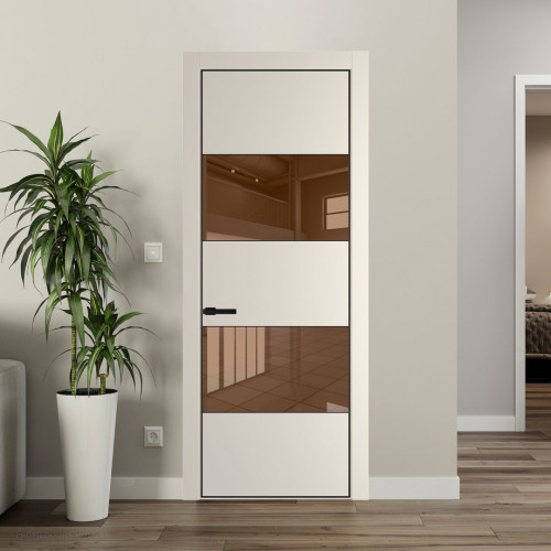 Межкомнатная дверь ProfilDoors 22 PA Кремовая Магнолия с профилем Черный с стеклом  зеркало bronze