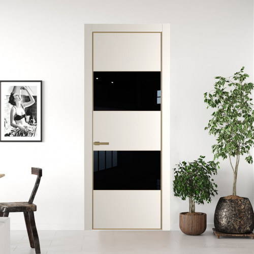 Межкомнатная дверь ProfilDoors 22 PA Перламутр белый с профилем Золото с стеклом Lacobel Черный лак