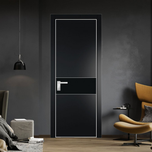 Межкомнатная дверь ProfilDoors 17 PE с вставкой из стекла монохром черный Блэк с алюминиевой кромкой Вайт