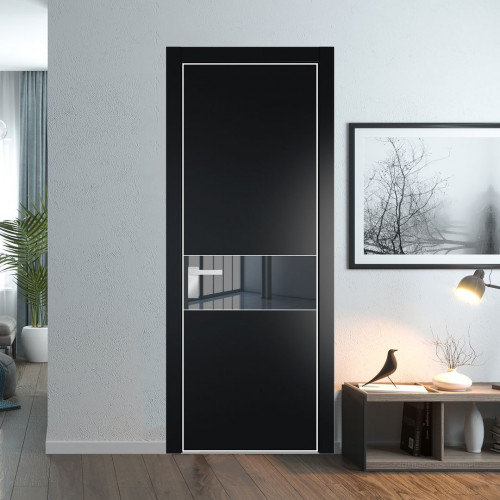 Межкомнатная дверь ProfilDoors 17 PE с вставкой из стекла зеркало grey Блэк с алюминиевой кромкой Вайт