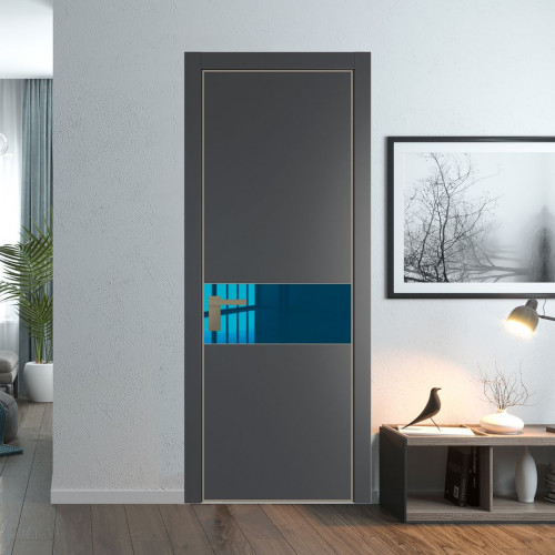 Межкомнатная дверь ProfilDoors 17 PE с вставкой из стекла зеркало blue Графит с алюминиевой кромкой Никель