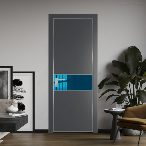 Межкомнатная дверь ProfilDoors 17 PE с вставкой из стекла зеркало blue Графит с алюминиевой кромкой Серебро