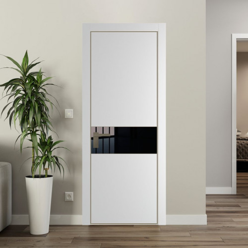 Межкомнатная дверь ProfilDoors 17 PE с вставкой из стекла черный лак Крем Вайт с алюминиевой кромкой Шампань