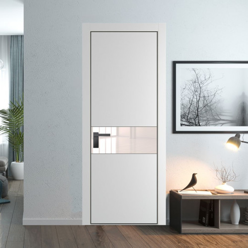Межкомнатная дверь ProfilDoors 17 PE с вставкой из стекла перламутровый лак Крем Вайт с алюминиевой кромкой Серая Ночь