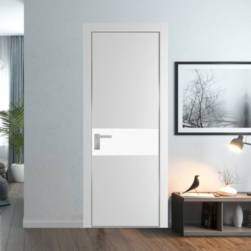 Межкомнатная дверь ProfilDoors 17 PE с вставкой из стекла монохром белый просветленный Крем Вайт с алюминиевой кромкой Серебро