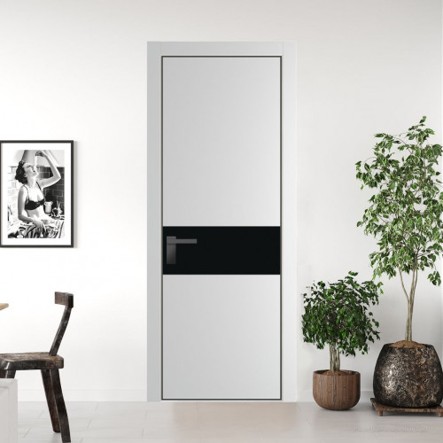 Межкомнатная дверь ProfilDoors 17 PE с вставкой из стекла монохром черный Крем Вайт с алюминиевой кромкой Серая Ночь