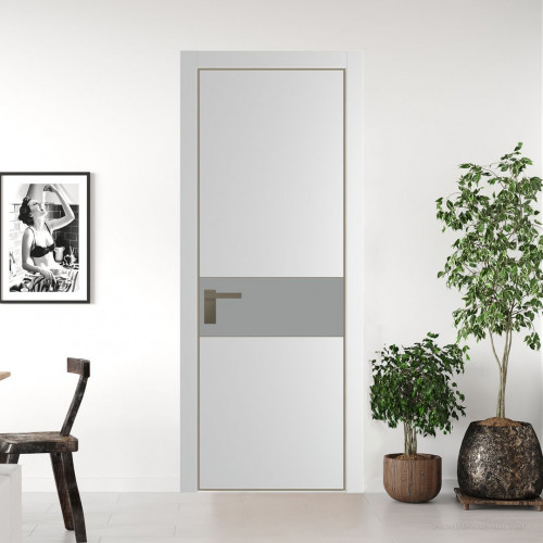 Межкомнатная дверь ProfilDoors 17 PE с вставкой из стекла монохром серый Крем Вайт с алюминиевой кромкой Шампань