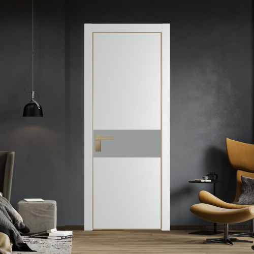 Межкомнатная дверь ProfilDoors 17 PE с вставкой из стекла монохром серый Крем Вайт с алюминиевой кромкой Золото