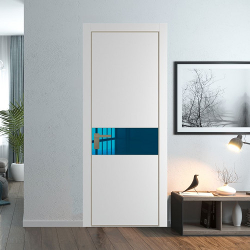 Межкомнатная дверь ProfilDoors 17 PE с вставкой из стекла зеркало blue Крем Вайт с алюминиевой кромкой Никель