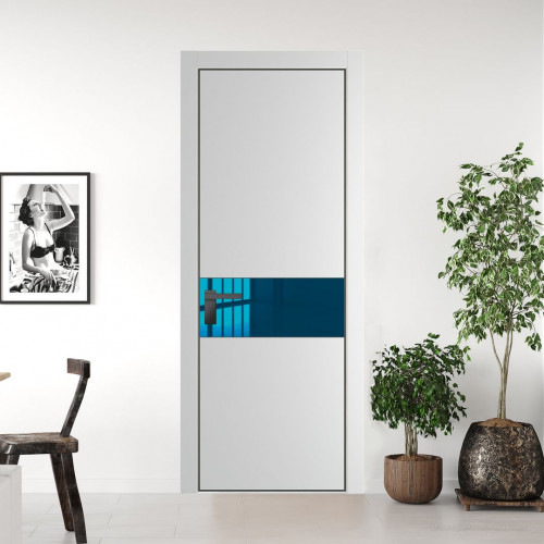 Межкомнатная дверь ProfilDoors 17 PE с вставкой из стекла зеркало blue Крем Вайт с алюминиевой кромкой Серая Ночь