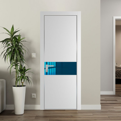 Межкомнатная дверь ProfilDoors 17 PE с вставкой из стекла зеркало blue Крем Вайт с алюминиевой кромкой Серебро