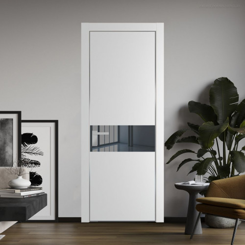 Межкомнатная дверь ProfilDoors 17 PE с вставкой из стекла зеркало grey Крем Вайт с алюминиевой кромкой Серебро
