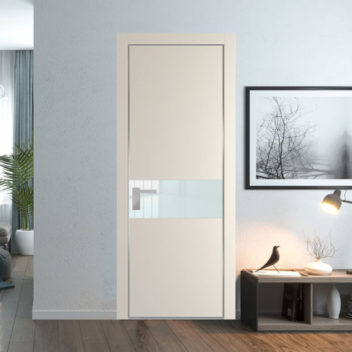 Межкомнатная дверь ProfilDoors 17 PE с вставкой из стекла белый лак Кремовая Магнолия с алюминиевой кромкой Серебро