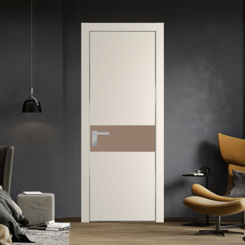 Межкомнатная дверь ProfilDoors 17 PE с вставкой из стекла монохром капучино Кремовая Магнолия с алюминиевой кромкой Серебро