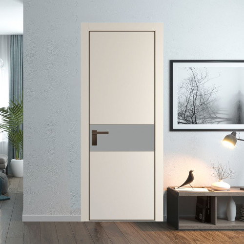 Межкомнатная дверь ProfilDoors 17 PE с вставкой из стекла монохром серый Кремовая Магнолия с алюминиевой кромкой Деорэ