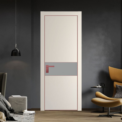 Межкомнатная дверь ProfilDoors 17 PE с вставкой из стекла монохром серый Кремовая Магнолия с алюминиевой кромкой Красный антрацит