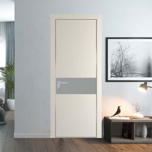 Межкомнатная дверь ProfilDoors 17 PE с вставкой из стекла монохром серый Кремовая Магнолия с алюминиевой кромкой Серебро