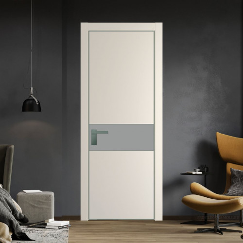 Межкомнатная дверь ProfilDoors 17 PE с вставкой из стекла монохром серый Кремовая Магнолия с алюминиевой кромкой Зеленый воск