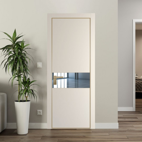 Межкомнатная дверь ProfilDoors 17 PE с вставкой из стекла зеркало Кремовая Магнолия с алюминиевой кромкой Золото