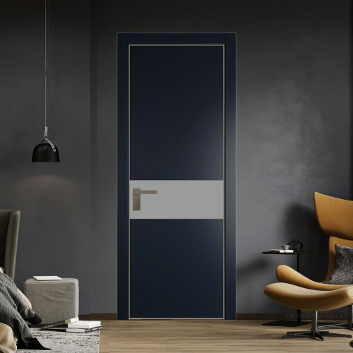 Межкомнатная дверь ProfilDoors 17 PE с вставкой из стекла монохром серый Нэви Блу с алюминиевой кромкой Шампань