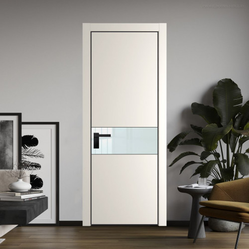Межкомнатная дверь ProfilDoors 17 PE с вставкой из стекла белый лак Перламутр белый с алюминиевой кромкой Черный