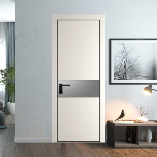 Межкомнатная дверь ProfilDoors 17 PE с вставкой из стекла серебро матлак Перламутр белый с алюминиевой кромкой Черный