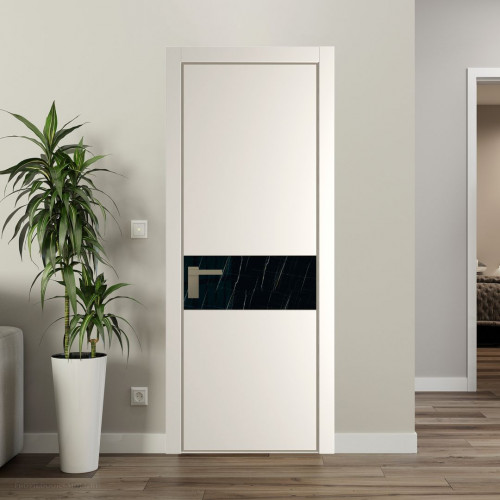 Межкомнатная дверь ProfilDoors 17 PE с вставкой из стекла неро мрамор Перламутр белый с алюминиевой кромкой Никель