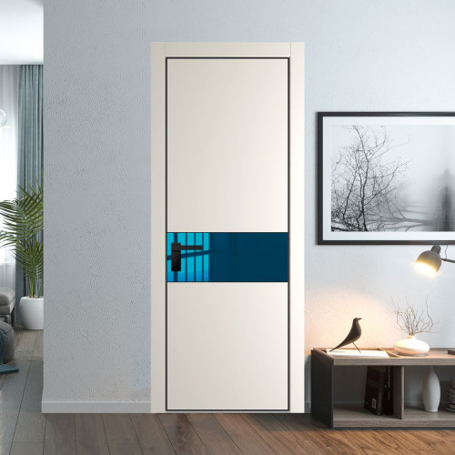 Межкомнатная дверь ProfilDoors 17 PE с вставкой из стекла зеркало blue Перламутр белый с алюминиевой кромкой Черный