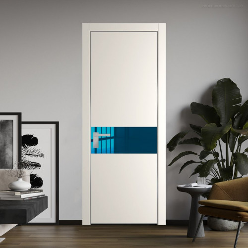 Межкомнатная дверь ProfilDoors 17 PE с вставкой из стекла зеркало blue Перламутр белый с алюминиевой кромкой Серебро