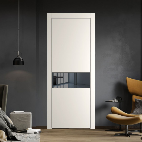 Межкомнатная дверь ProfilDoors 17 PE с вставкой из стекла зеркало grey Перламутр белый с алюминиевой кромкой Черный