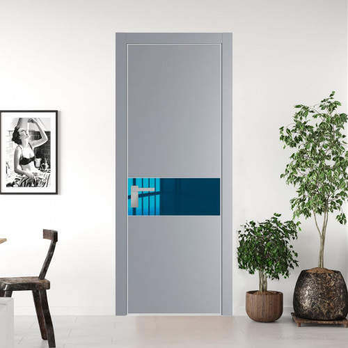 Межкомнатная дверь ProfilDoors 17 PE с вставкой из стекла зеркало blue Смоки с алюминиевой кромкой Матовая