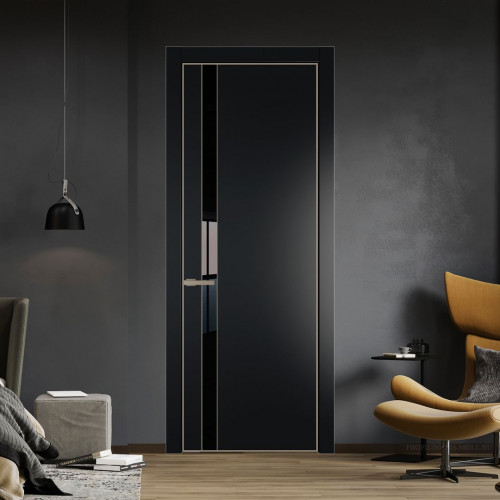 Межкомнатная дверь ProfilDoors 18 PE с вставкой из стекла черный лак Блэк с алюминиевой кромкой Никель