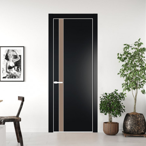 Межкомнатная дверь ProfilDoors 18 PE с вставкой из стекла монохром капучино Блэк с алюминиевой кромкой Вайт