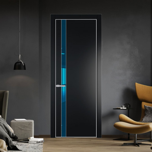 Межкомнатная дверь ProfilDoors 18 PE с вставкой из стекла зеркало blue Блэк с алюминиевой кромкой Матовая