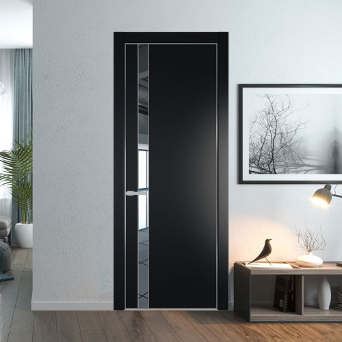 Межкомнатная дверь ProfilDoors 18 PE с вставкой из стекла зеркало Блэк с алюминиевой кромкой Серебро