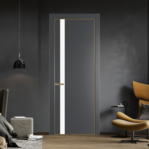 Межкомнатная дверь ProfilDoors 18 PE с вставкой из стекла монохром белый просветленный Графит с алюминиевой кромкой Золото