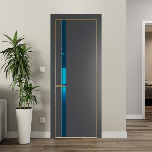 Межкомнатная дверь ProfilDoors 18 PE с вставкой из стекла зеркало blue Графит с алюминиевой кромкой Золото