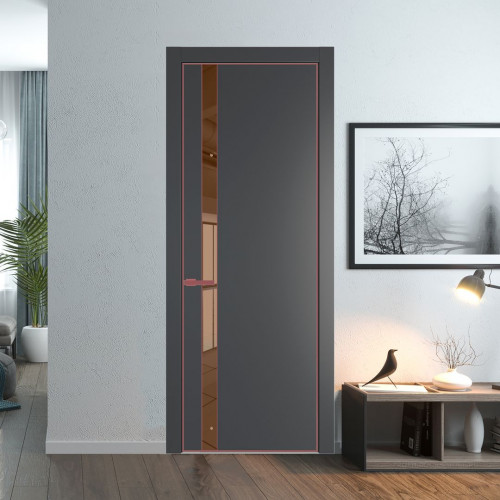 Межкомнатная дверь ProfilDoors 18 PE с вставкой из стекла зеркало bronze Графит с алюминиевой кромкой Красный антрацит