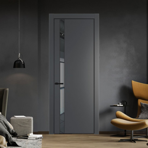 Межкомнатная дверь ProfilDoors 18 PE с вставкой из стекла зеркало grey Графит с алюминиевой кромкой Черный
