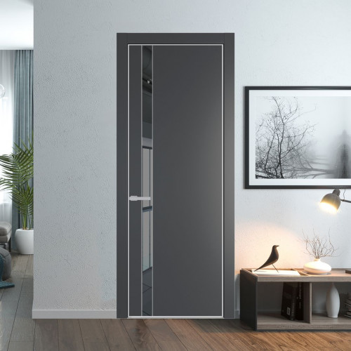 Межкомнатная дверь ProfilDoors 18 PE с вставкой из стекла зеркало grey Графит с алюминиевой кромкой Матовая